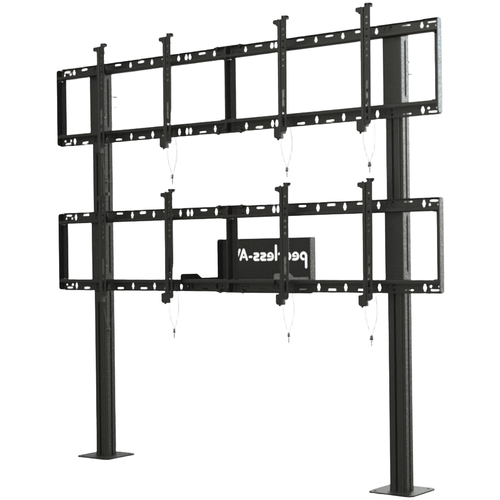 Soporte Modular para Video Wall Pedestal 2x2 / Ajuste Micro Sin Herramientas / 8 Puntos de Alineación / Capacidad 500 lb / VESA 200x200 a 600x400 mm / Estructura Aluminio / Gestión Cableado Integrada / Almacenamiento Multimedia