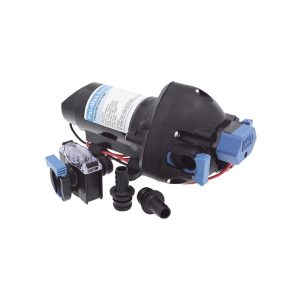 Bomba controlada por presión Par Max a 12 Vcd, caudal de 2 GPM, presión máxima 35 psi, para manguera de entrada con orificio de 38 mm (1½”), manguera de descarga con orificio de 25 mm (1”)