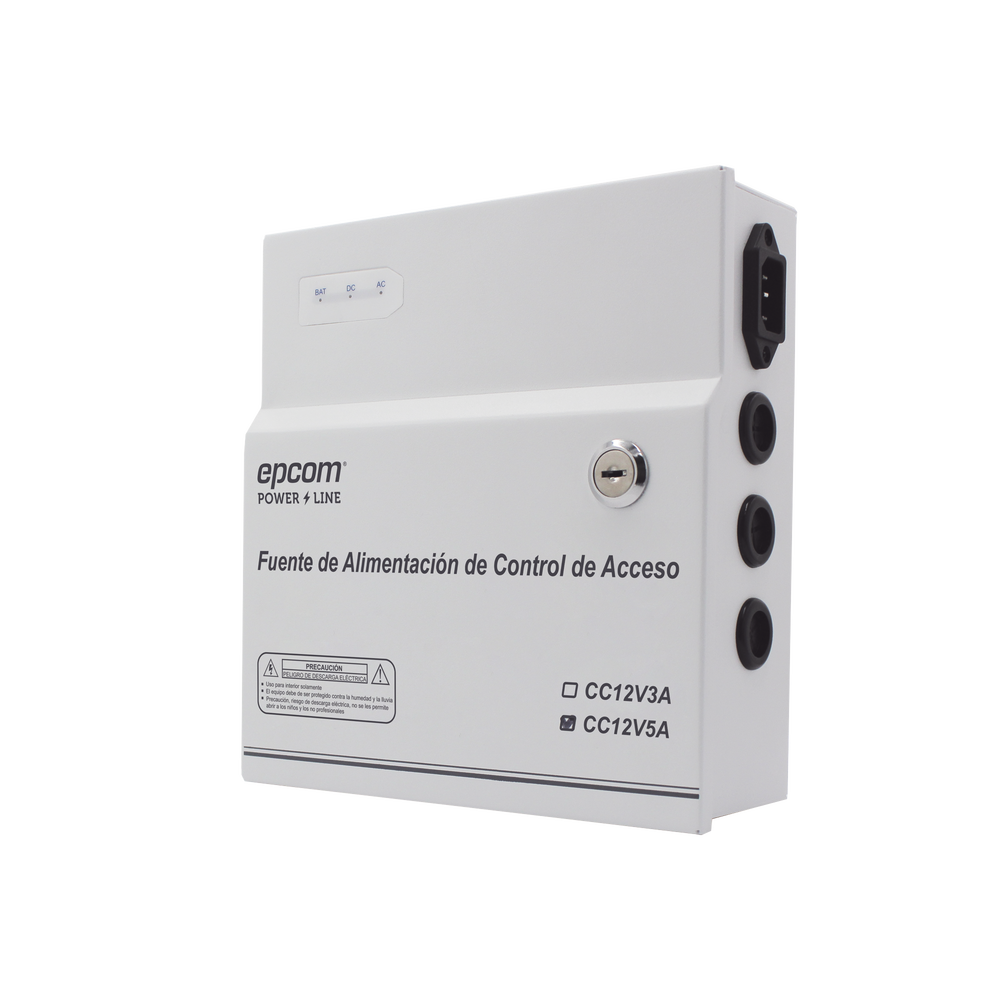 Fuente de Poder / 1 Salida 11-15 Vcc / 5 A / Temporizador Integrado / Con Capacidad de Batería de Respaldo / Requiere Batería / Aplicaciones en sistemas de control de Acceso