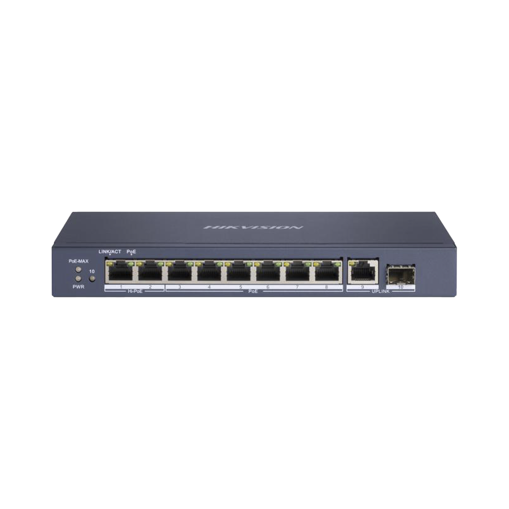 Switch PoE+ / No Administrable / 7 Puertos 1000 Mbps 802.3 af/at (30 W) / 2 Puertos 1000 Mbps Hi-PoE (90 W) / 1 Puertos 1000 Mbps Uplink / 1 Puerto SFP / Modo Extendido hasta 300 Metros / 110 Watts
