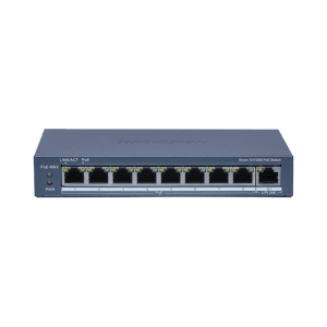 Switch PoE+ / Monitoreable / 8 Puertos 10/100 Mbps PoE+ / 1 Puerto 1000 Mbps Uplink / Configuración Nube Hik-Partner Pro / Modo Extendido hasta 300 metros / 60 W