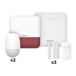 (AX PRO) KIT de Alarma AX PRO / Incluye: 1 Hub con batería de respaldo / 2 Sensores PIR / 3 Contactos Magnéticos mini / 1 Control Remoto / 1 Sirena Inalambrica Exterior color rojo  / WiFi / Compatible con Hik-Connect P2P