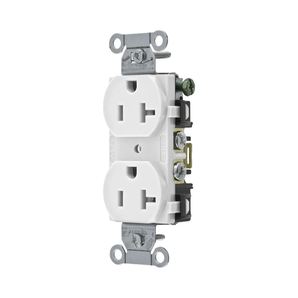 Contacto Dúplex 20 A, 125 V, 2 Polos, 3 Hilos, Cableado Posterior y Lateral, Color Blanco (Nema 5-20R).