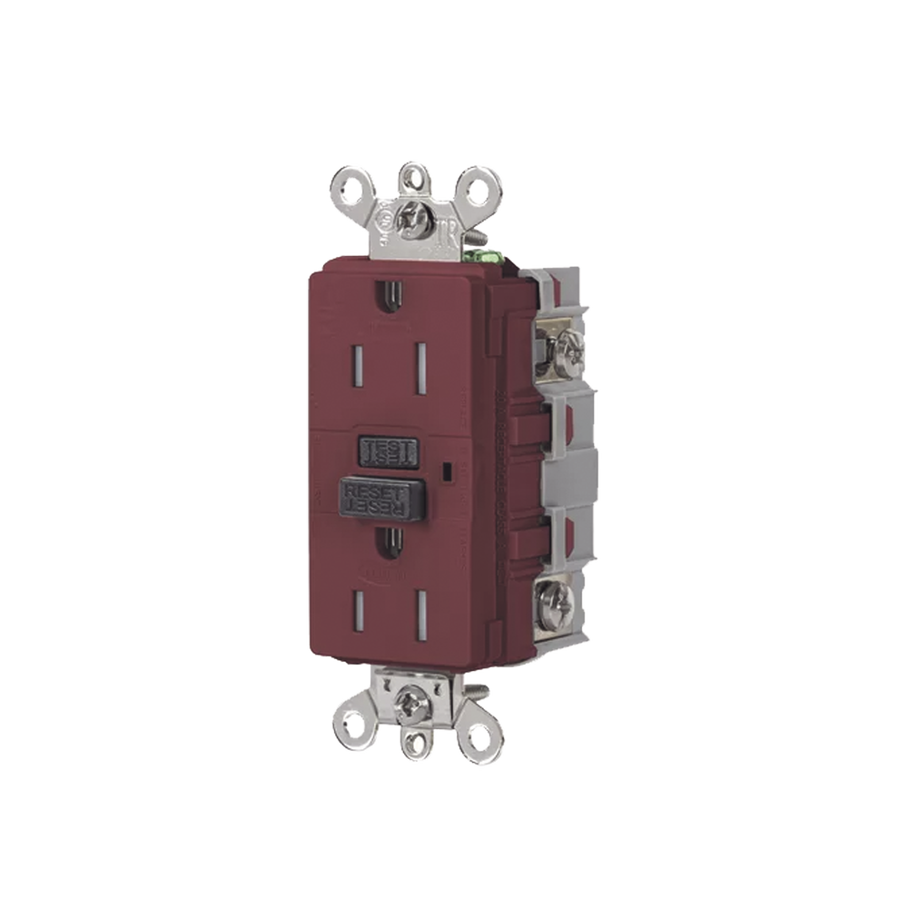 Contacto de Auto-verificación GFCI de 15 A 125 V 2 Polos/ Resistente a Manipulaciones y Intemperie / Color Rojo / Nema 5-15R / Grado Industrial.