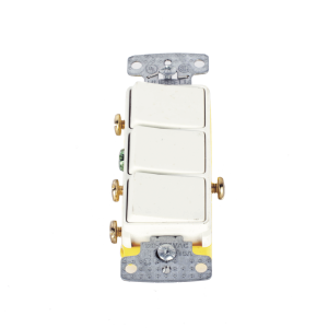 Interruptor Residencial 15 A 120 V, con 3 Bases Unipolares, Cableado lateral, Color Blanco.