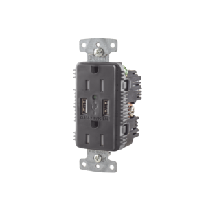 Contacto Dúplex con 2 Puertos USB, 15A 125V, 2 Polos, 3 Hilos, Color Negro.