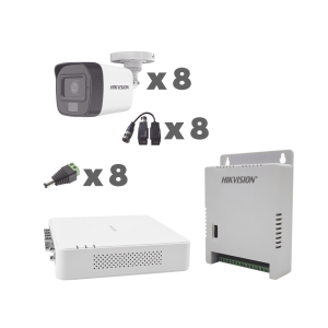 KIT TurboHD 1080p / DVR 8 Canales con audio por coaxitron / 8 Cámaras con Micrófono Integrado 101° Visión/ luz blanca + IR visión nocturna / Transceptores / Conectores / Fuente de Poder Profesional