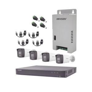 Kit Audio Bidireccional TurboHD 4K-3K / DVR 4 Canales 4K / 4 Cámaras Bala (Exterior) con Bocina y Microfóno Integrado 3K / 1 Fuentes de Poder / Accesorios