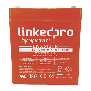 Batería 12 V / 5.5 Ah / UL / Tecnología AGM / Vida útil promedio de 5 años / Retardante a la Flama / Para uso en equipo electrónico, Alarmas de Intrusión / Incendio/ Control de acceso / Video Vigilancia / Incluye