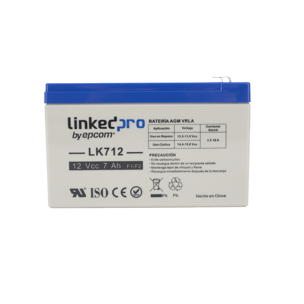 Batería 12 V / 7 Ah / UL / Tecnología AGM / Vida útil promedio 5 años / Uso en equipo electrónico, Alarmas de Intrusión / Incendio / Control de acceso / Video Vigilancia / Terminales F1 ( Incluye adaptador F2 )