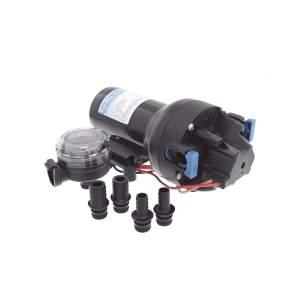 Bomba controlada por presión Par Max para trabajo pesado a 12 Vcd, caudal de 5 GPM, presión máxima 40 psi, para manguera de entrada con orificio de 38 mm (1½”), manguera de descarga con orificio de 25 mm (1”)