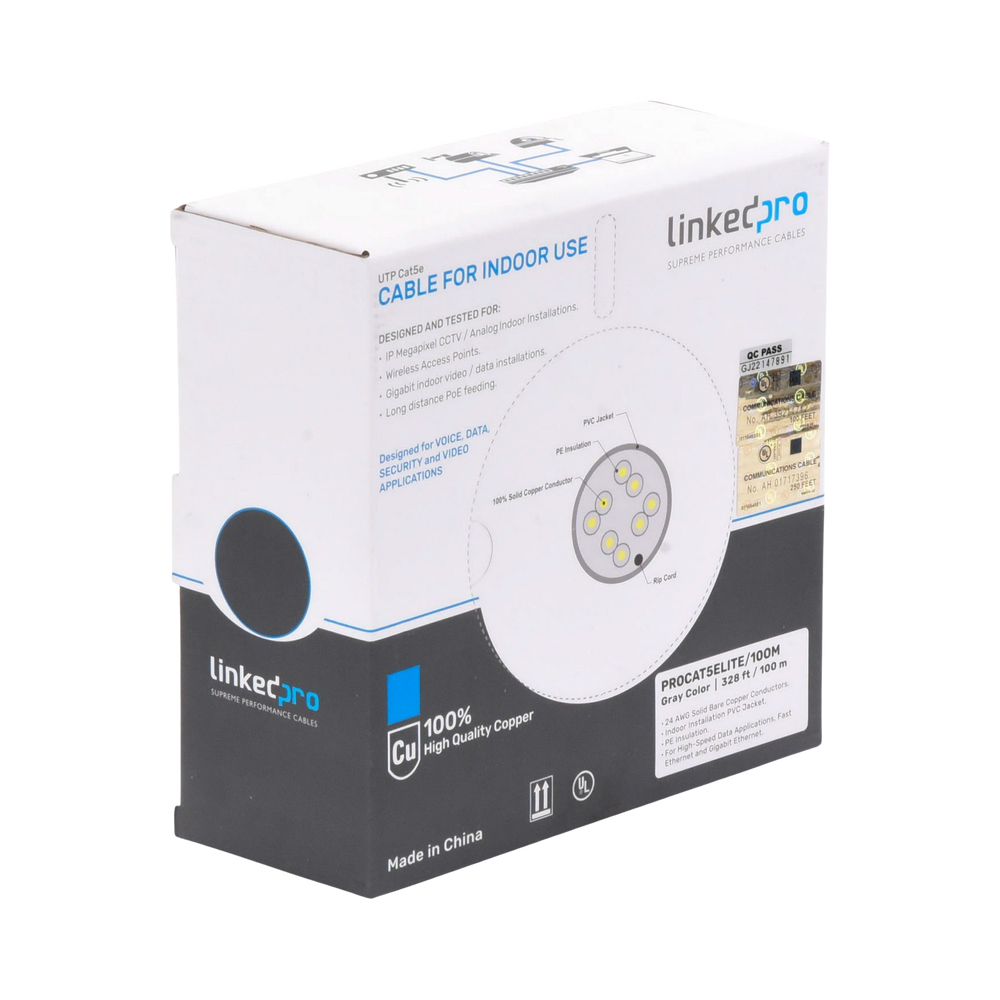 Bobina de Cable de 100 Metros (328.08 Pies), Cat5e, 24 AWG, Color Gris, UL, para Aplicaciones en Videovigilancia, Redes de Datos. Uso Interior