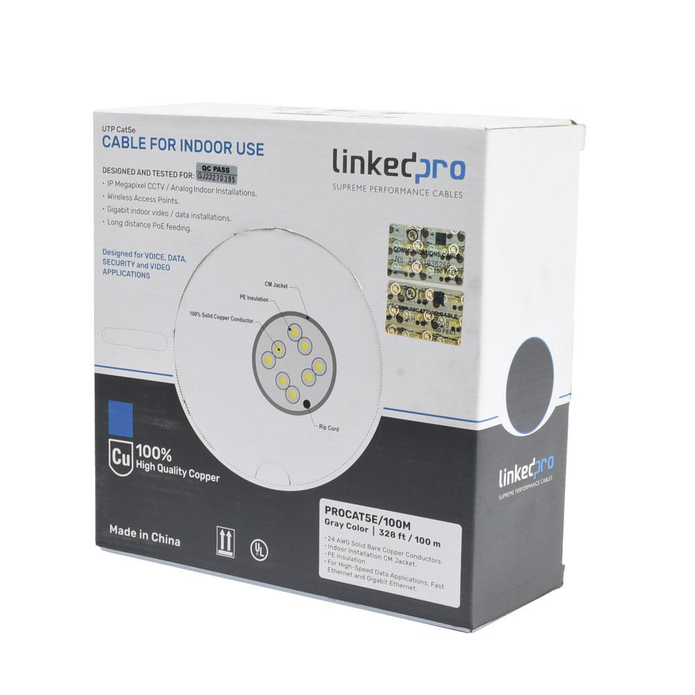 Cable Cat5e de Alto Rendimiento, con Certificaciones ETL, UL, Color Gris, de 100 Metros (328 Pies) para Aplicaciones en CCTV, Redes de Datos. Uso Interior.