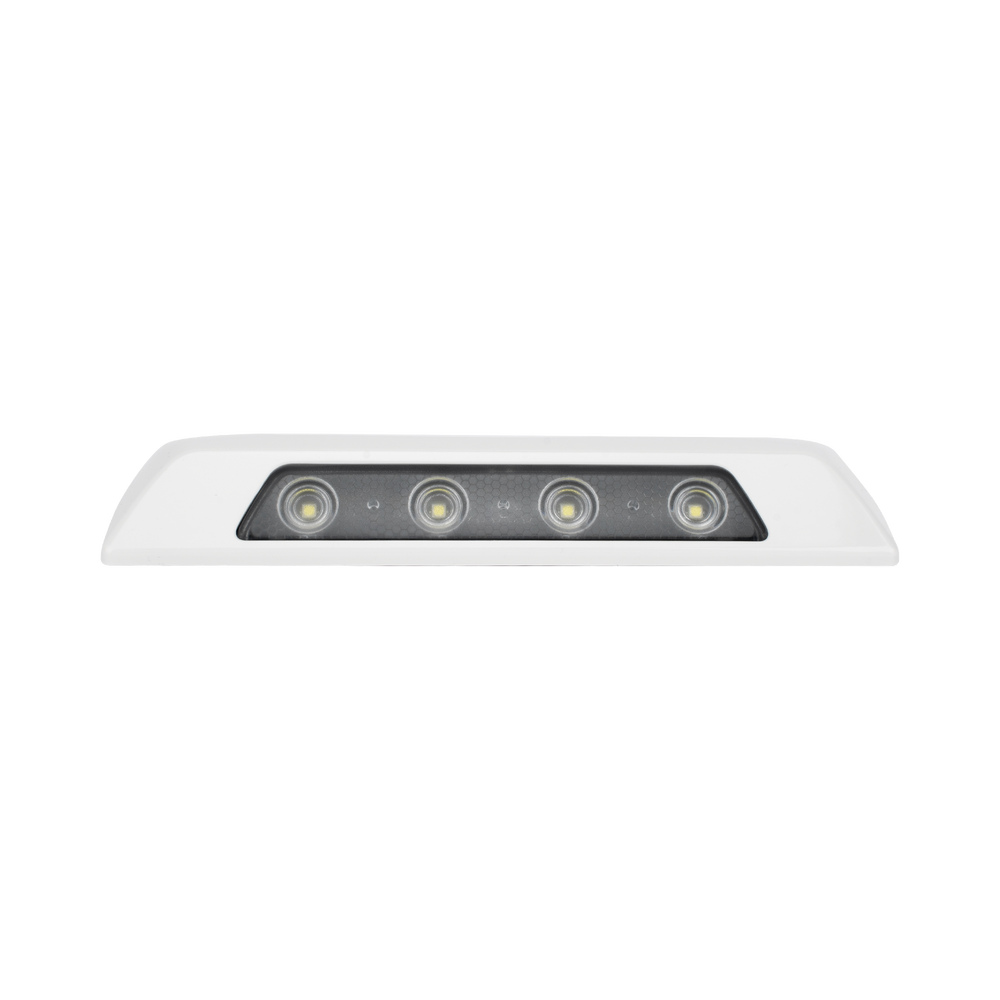 Luz de escena, 4 LED, bisel blanco, 12–24VCD, LED blanco y lente transparente