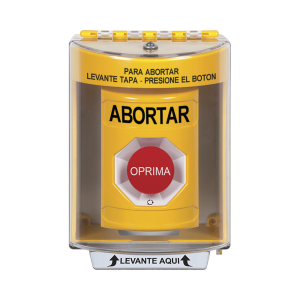 Botón de Abortar, Texto en Español, Tapa Protectora de Policarbonato Súper Resistente, Girar para restablecer