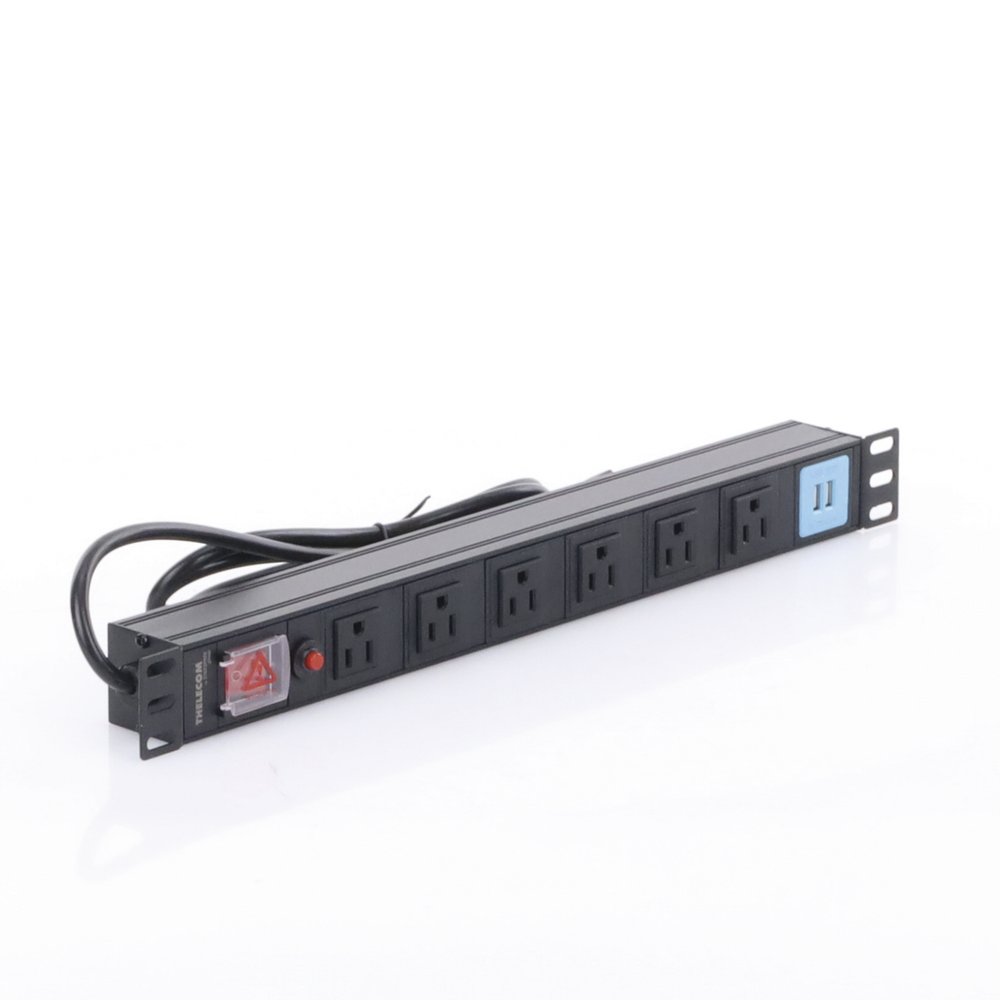 Tomacorriente Horizontal (PDU) de 6 contactos (NEMA 5-15R) + 2 USB para instalación en Rack de 19", 1UR, 125 Vca/ 15 A (THE0040091001001) - Image 4