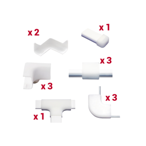 Kit de Accesorios Para la Canaleta TMK0812, El Paquete Incluye 13 Piezas en Total, Son 2 Esquineros Exteriores, 3 Esquineros Interiores, 3 Secciones "L", 3 Piezas de Unión, 1 Sección "T" y 1 Tapa Final.