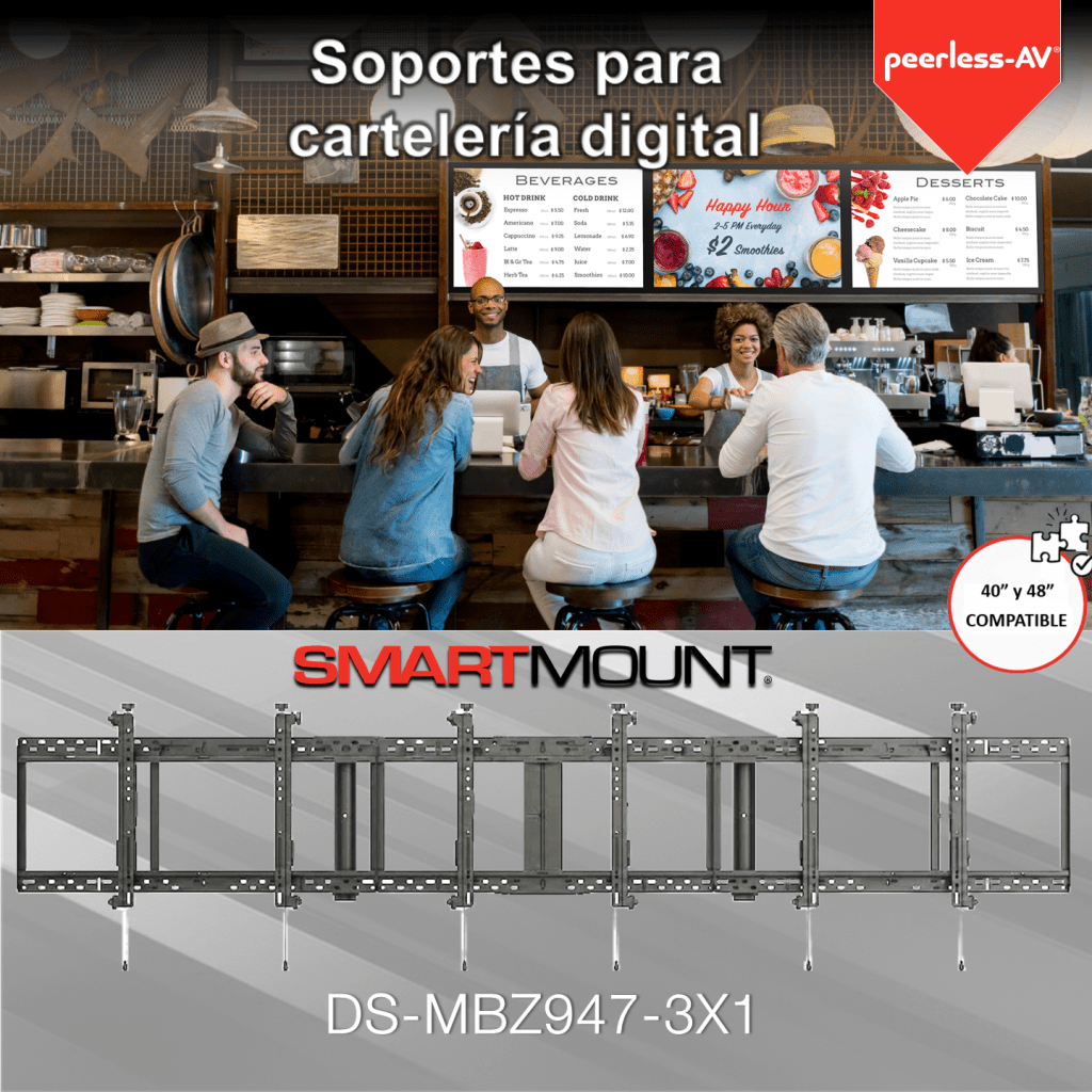 Soporte para Pantallas desde 46" tipo Menu Board / 8 Puntos Ajuste Tool-Less / 3x1 Configuración / Carga maxima (136 kg) / Inclinación +15° / Ajuste Horizontal Continuo - Image 2