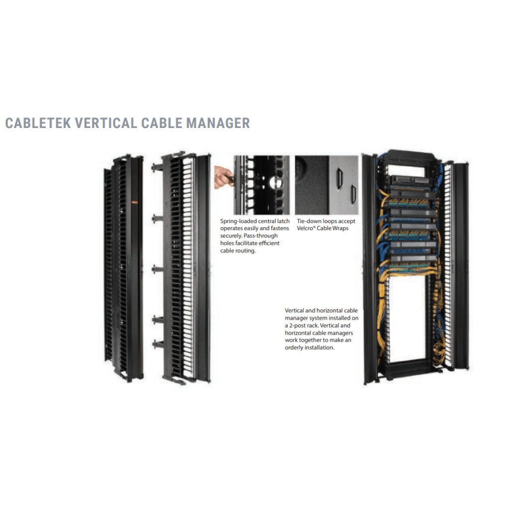 Organizador Vertical CableTek, Sencillo (Solo Frontal), Para Rack Abierto de 45 Unidades, 6 in de Ancho, Color Negro - Image 2