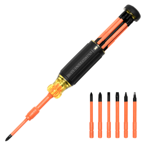Destornillador Aislado 6-en-1 Auto-Lock / Aislado 1000V CAT III / Almohadilla de agarre / Almacenamiento de brocas integrado / Bits Philips #1 #2 / Slotted 3/16" 1/4" / Square #1 #2