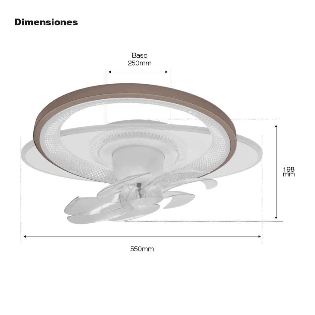 Ventilador de Techo con Luminario LED de 110 V CA 50/60 Hz / 88 W / 3 Tonos de Luz (6500 - 4 000 - 2 700 K) / Con giro 360° / Diámetro 550 mm / 6 Velocidades / Dimeable.