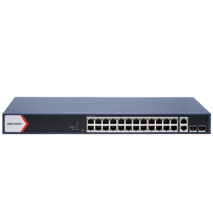 Switch Gigabit PoE+ / Administrable / 24 Puertos 1000 Mbps PoE+ / 2 Puertos 1000 Mbps Uplink / 2 Puertos SFP Uplink / Configuración Nube desde Hik-PartnerPro / Modo Extendido hasta 300 Metros / 370 W