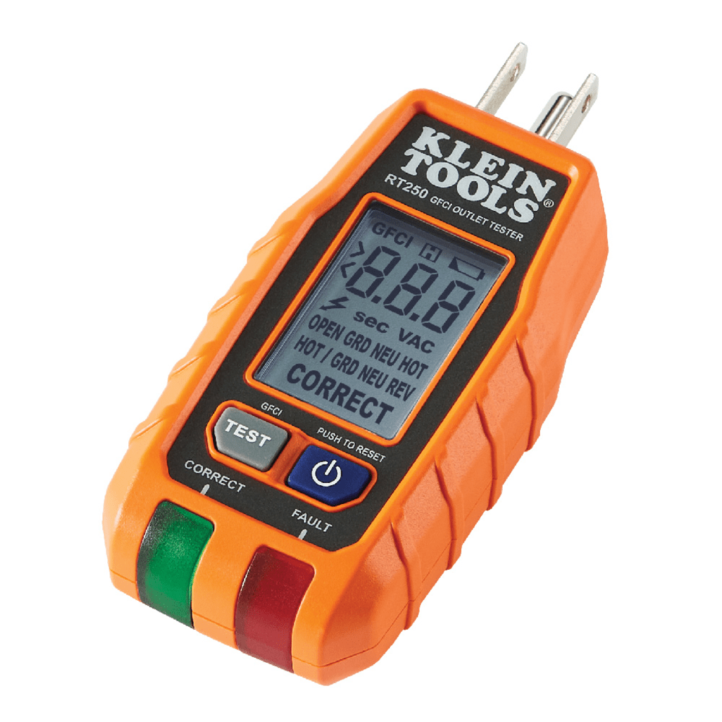 Probador de Tomacorrientes con Interruptor de Falla a Tierra (GFCI) con pantalla LCD.