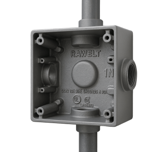 Caja Condulet Cuadrada con 4 Bocas de 1" (25.4 mm) / Con Orejas para Montaje / A prueba de intemperie.