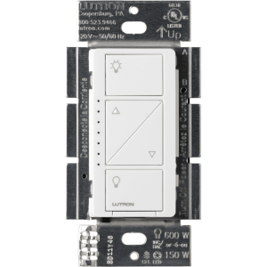 (Caseta Wireless) Atenuador de pared. Aumenta/Disminuye Intensidad de Iluminación. No requiere cable neutro. 150W LED / 600W INC/HAL