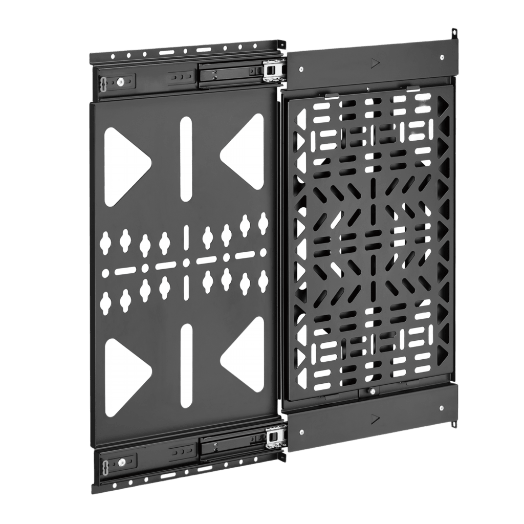 Montaje Deslizante de Almacenamiento AV | Capacidad de Carga 10 kg (22 lbs) | Rango de Deslizamiento 300 mm | Fabricado en Acero | Sistema de Sujeción Quick-Release sin Herramientas
