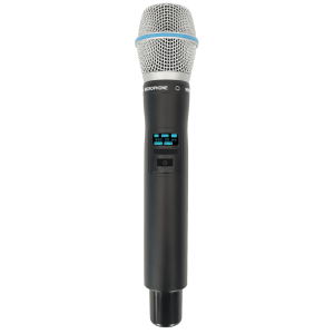 Micrófono Mano Inalámbrico EP-59H | Rango Frecuencia 470-510MHz, 540-590MHz, 640-690MHz, 807-830MHz | Potencia Salida ≥10dBm | Autonomía >10 Horas | Mute Automático por Caída | Display OLED | 7 Niveles Potencia Aju