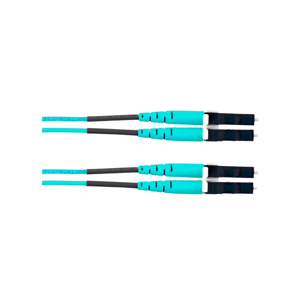 Jumper de Fibra Optica Multimodo 50/125 OM4, LC-LC Duplex, OFNR (Riser), Color Aqua, 25 Metros