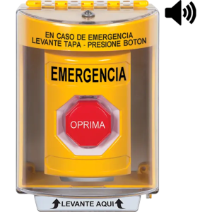 ?Botón Multipropósito, Color Amarillo, De Superficie con Espaciador, C/Tapa De Policarbonato, C/Bocina Pre Alarma, Interior/Exterior, Llave Para Restablecer, Texto De Emergencia, Español