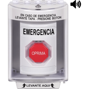 ?Botón Multipropósito, Color Blanco, De Superficie con Espaciador, C/Tapa De Policarbonato, C/Bocina Pre Alarma, Interior/Exterior, Llave Para Restablecer, Texto De Emergencia, Español