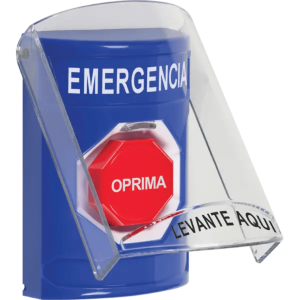 ?Botón Multipropósito, Color Azul, De Superficie, Con Tapa De Policarbonato, Sin Bocina Pre Alarma, Solo Interior, Llave Para Restablecer, Texto De Emergencia, Español