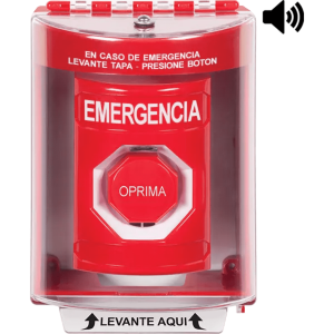 ?Botón Multipropósito, Color Rojo, De Superficie con Espaciador, C/Tapa De Policarbonato, C/Bocina Pre Alarma, Interior/Exterior, Llave Para Restablecer, Texto De Emergencia, Español