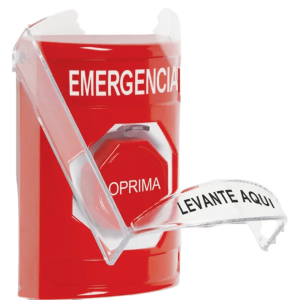 ??Botón Multipropósito, Color Rojo, De Superficie, Con Tapa De Policarbonato, Con Bocina Pre Alarma, Solo Interior, Llave Para Restablecer, Texto De Emergencia, Español