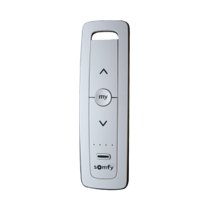 Control remoto 5 canales para motores de persiana Somfy con señal inalámbrica, instrucciones: sube, baja y detener, con posición favorita programada.
