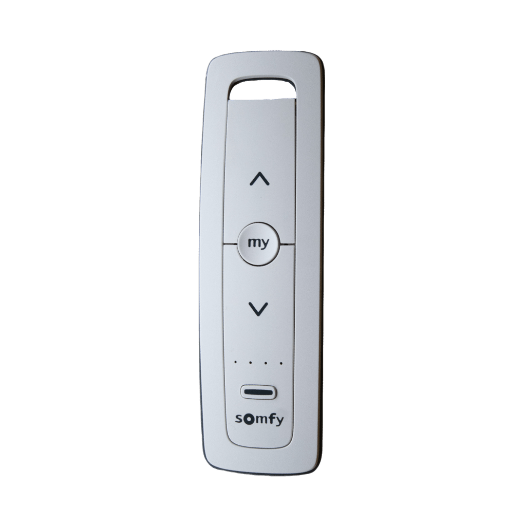 Control remoto 5 canales para motores de persiana Somfy con señal inalámbrica, instrucciones: sube, baja y detener, con posición favorita programada.