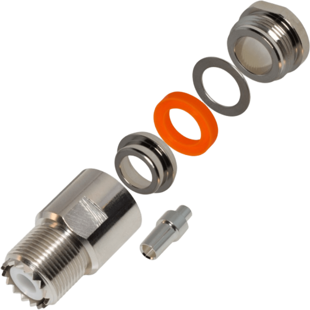 Conector UHF Hembra (SO-239) en Línea de Rosca para RG-8/U, 9913, LMR-400, Níquel/ Plata/ Teflón.