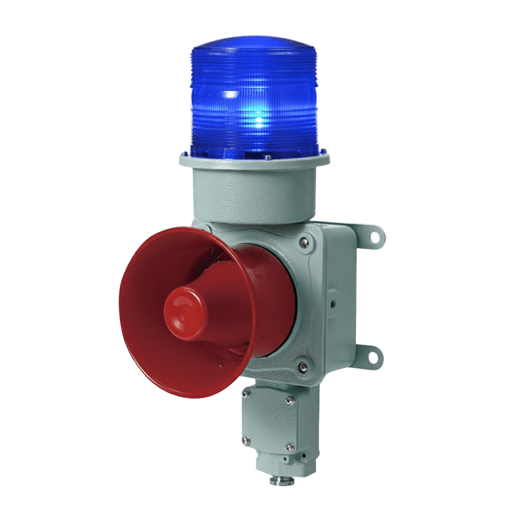 Combinación de baliza LED color Azul con sirena electrónica para aplicaciones de la industria pesada máx.114 dB a 220 VCA