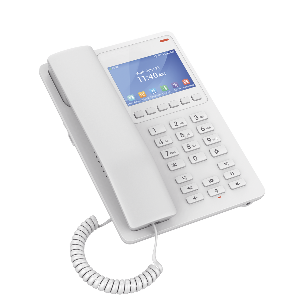 Teléfono IP WiFi Hotelero con pantalla LCD a color, 2 líneas SIP con 2 cuentas, codec Opus, IPV4/IPV6, color blanco, con gestión en la nube GDMS - Image 2