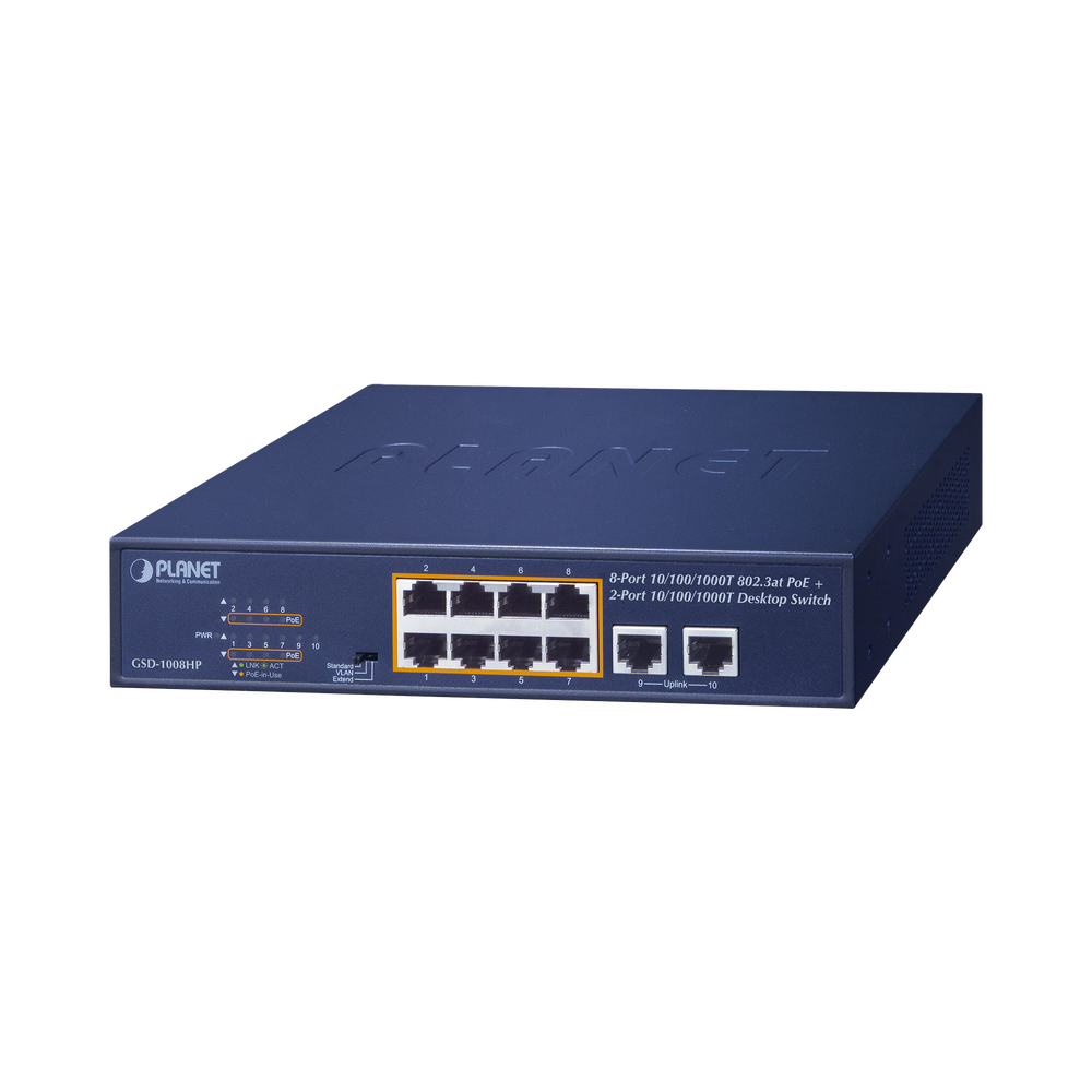 Switch de Escritorio No Administrable / 8 Puertos 10/100/1000T PoE+ 802.3at / 2 Puertos Uplink 10/100/1000T / Presupuesto PoE 120 Watts / Modos Estándar, VLAN y Extend / Distancia Extendida 250 mts / Rackeable