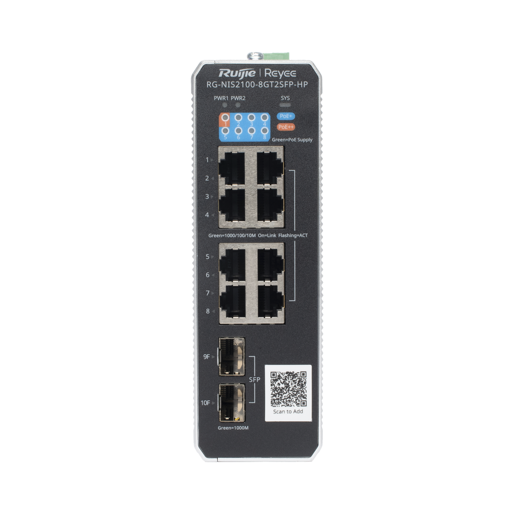 Switch Industrial PoE+ hasta 300 watts , Ideal para temperaturas Extremas y protección contra descargas, 1 puerto PoE++ 60W y 7 puertos PoE+ 30W, 2 SFP Uplink