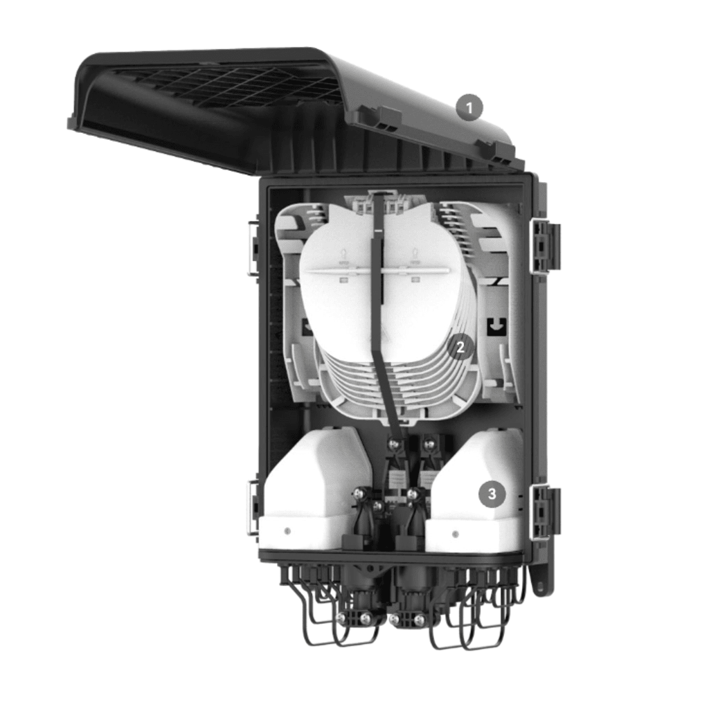 HUB Box Preconectorizada EASYCONN® de FiberHome para Exterior, IP68, Hasta 96 Empalmes, Incluye 2 Splitters 1*4 - Image 4