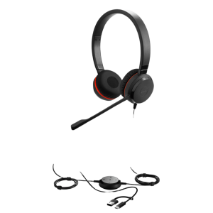Jabra Evolve 30 II Duo con conexión USB C/A y 3.5mm, micrófono con cancelación de ruido y controlador en el cable con botones e indicadores LED (5399-829-369))
