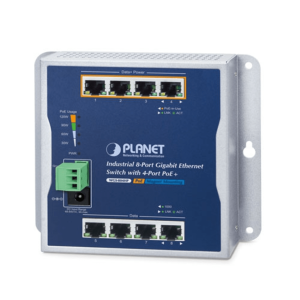 Switch Industrial No Administrable, Múltiple Montaje (Pared, Riel DIN y Magnético), 8 Puertos Gigabit con 4 puertos PoE 802.3at, Hasta 120 W.