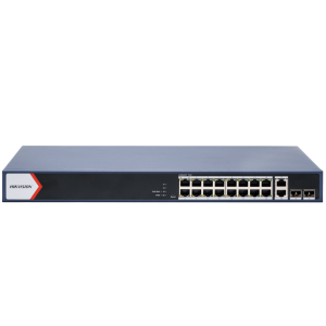 Switch Gigabit PoE+ / Monitoreable / 16 Puertos 1000 Mbps PoE+ / 2 Puerto 1000 Mbps de Uplink / 2 Puerto SFP / Configuración Nube desde Hik-PartnerPro / Modo Extendido hasta 300 Metros / 125 Watts