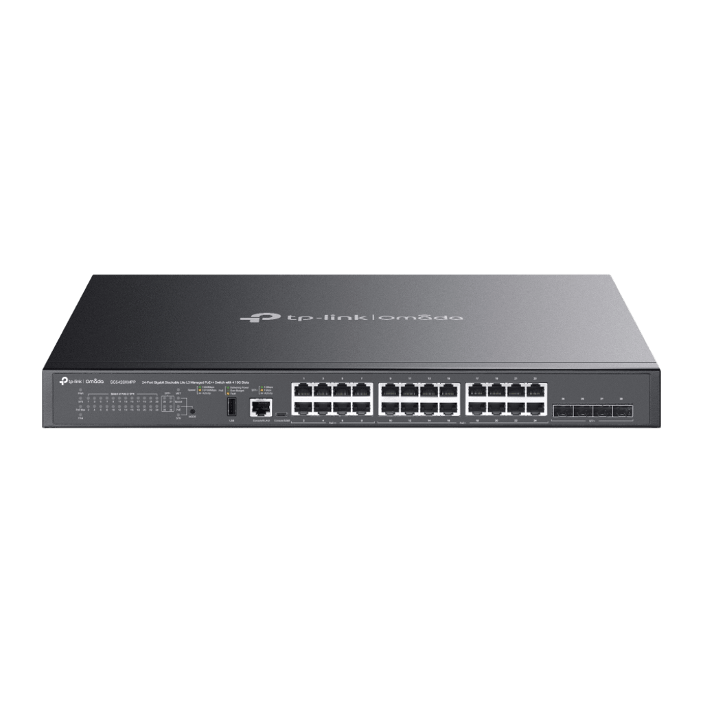 Switch Omada L3 SDN Administrable / 24 puertos PoE af/at Gigabit y 4 puertos SFP+ / Presupuesto PoE 720W / Funciones RIP, VRRP, Servidor DHCP / Administración centralizada OMADA / Fuente Redundante