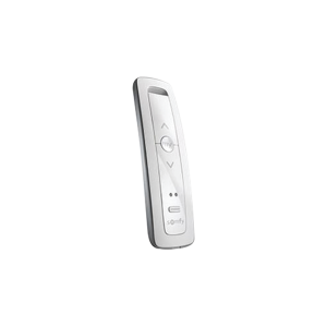 Control remoto 2 canales para motores de persiana Somfy con señal inalámbrica, instrucciones: sube, baja y detener, con posición favorita programada.